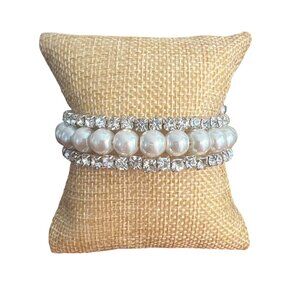 Vintage Silver Tone Faux Pearl Wrap Bracelet Wedding Prom Estate Adj 6.5" NWOT